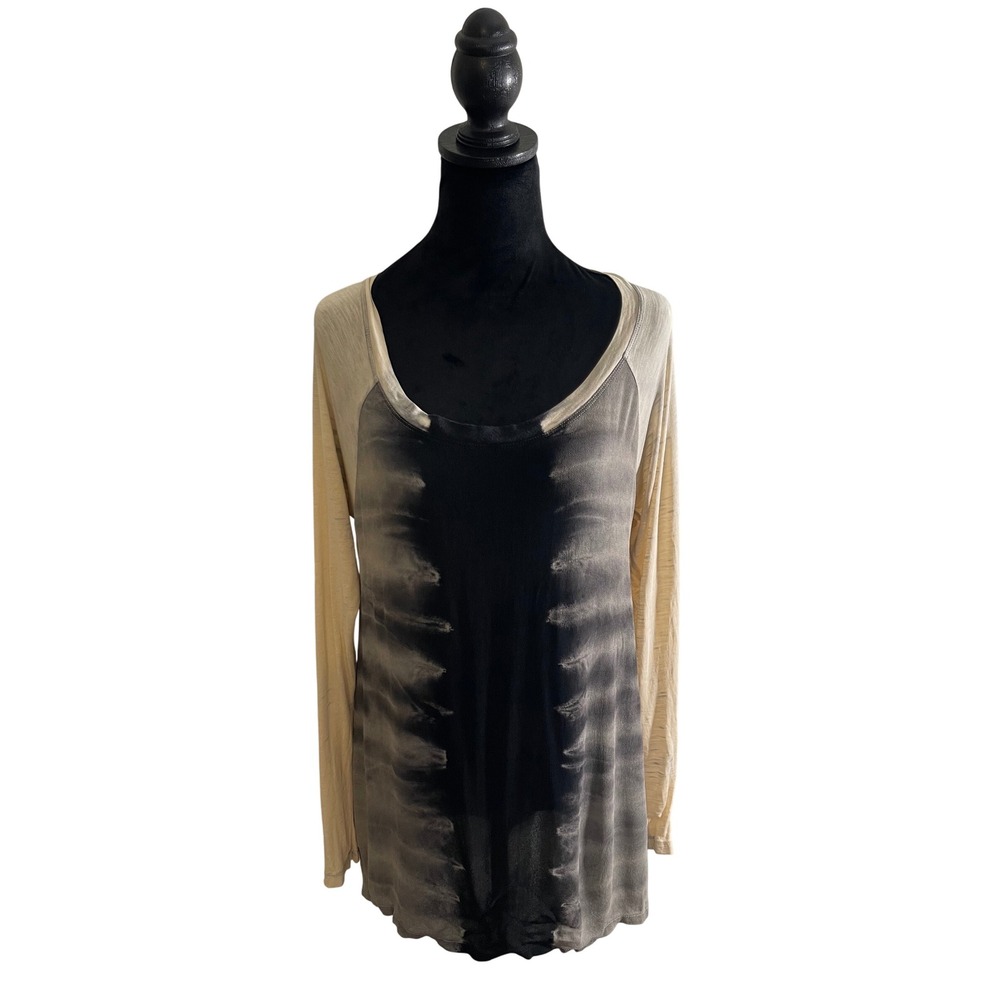 XCVI Y2K Women's Tie Dye Long Sleeve‎ Tunic Beige Black Scoop Neck Size M